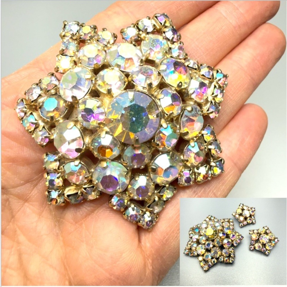Large Vintage AB Rhinestone Star Brooch and Clip On Earrings Set MCM Sparkle